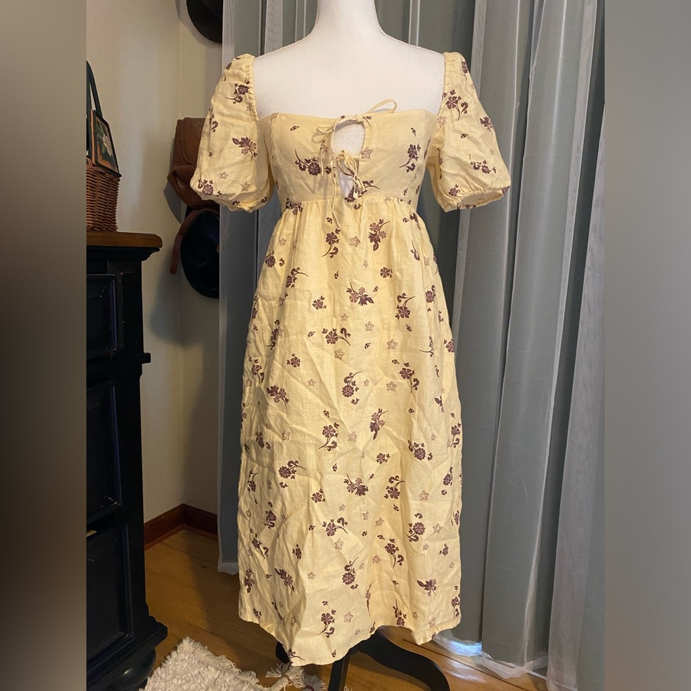 Aritzia Wilfred Rowena Organic Linen Floral Puff Sleeve Milkmaid Midi Dress
